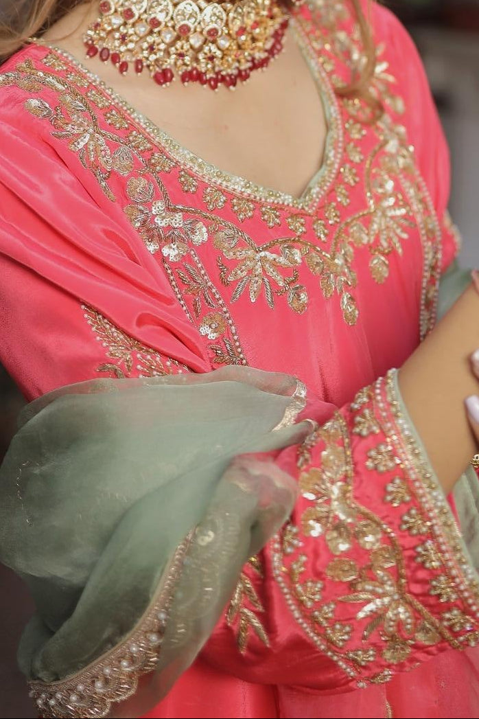 Coral Pink Festive Suit with Intricate Hand Embroidery