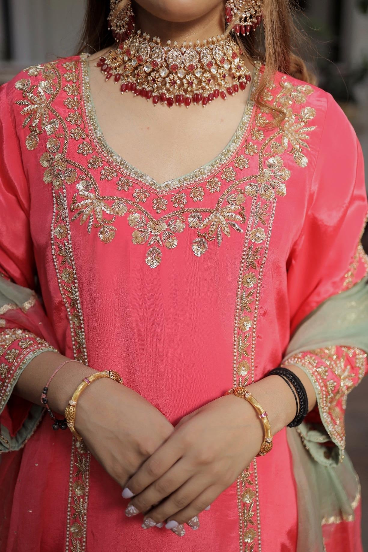 Coral Pink Festive Suit with Intricate Hand Embroidery