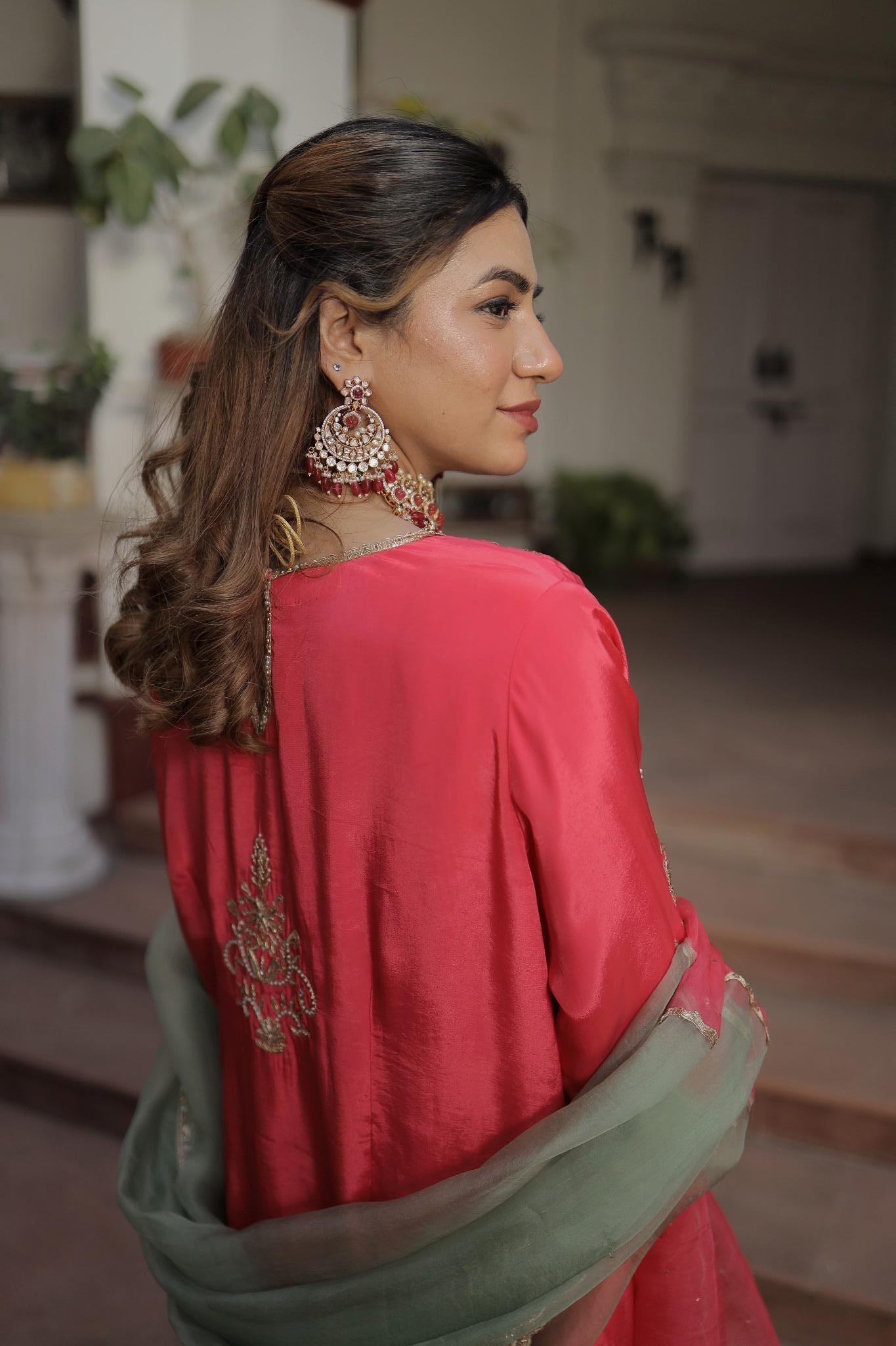 Coral Pink Festive Suit with Intricate Hand Embroidery