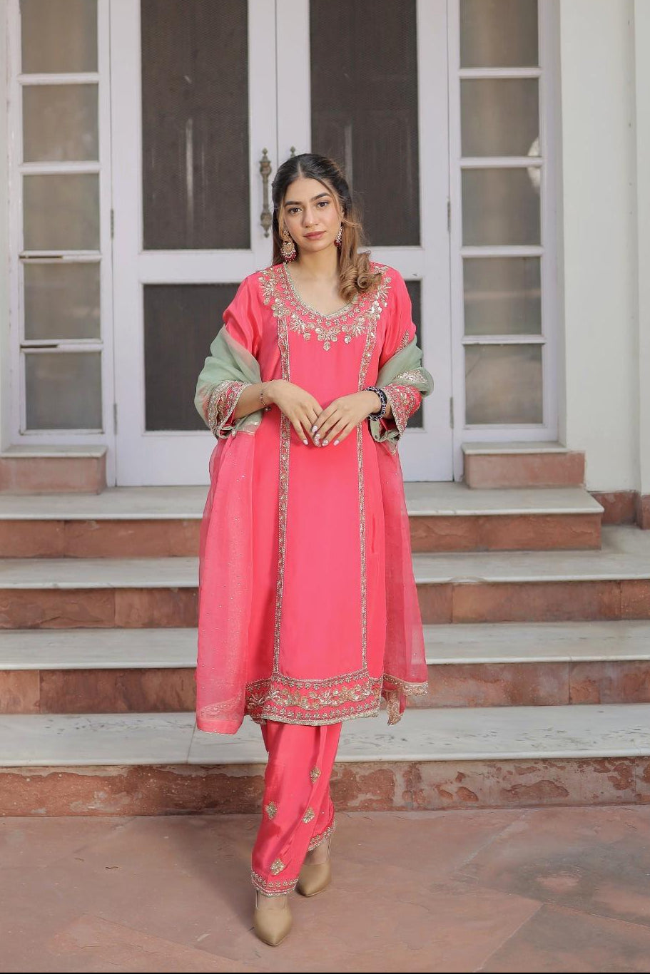 Coral Pink Festive Suit with Intricate Hand Embroidery