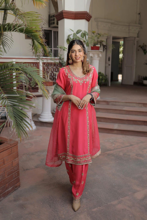 Coral Pink Festive Suit with Intricate Hand Embroidery