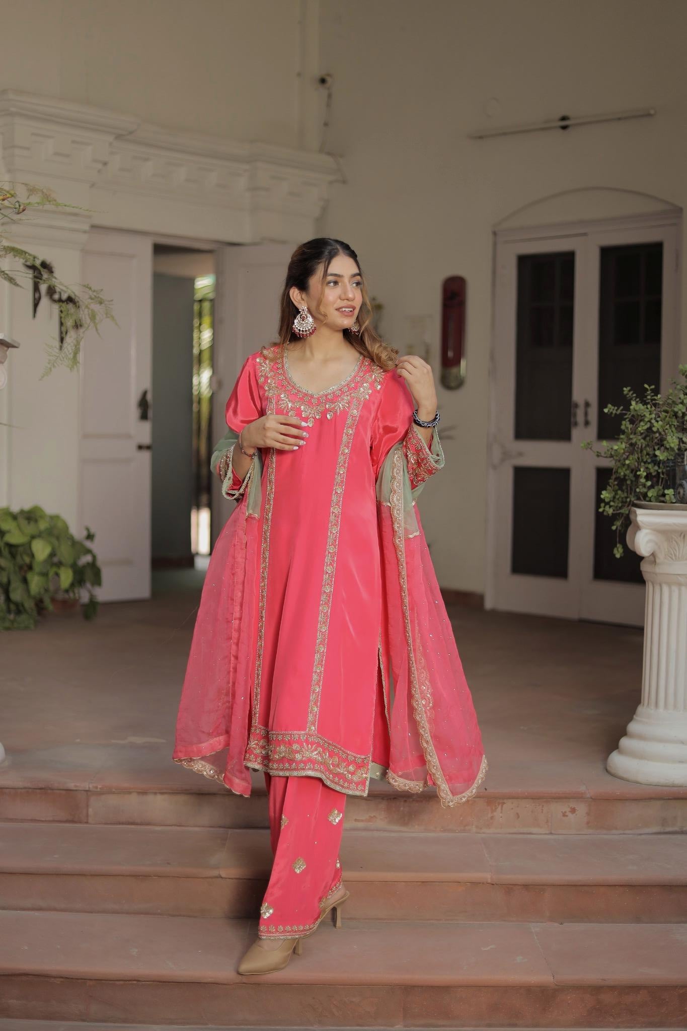 Coral Pink Festive Suit with Intricate Hand Embroidery